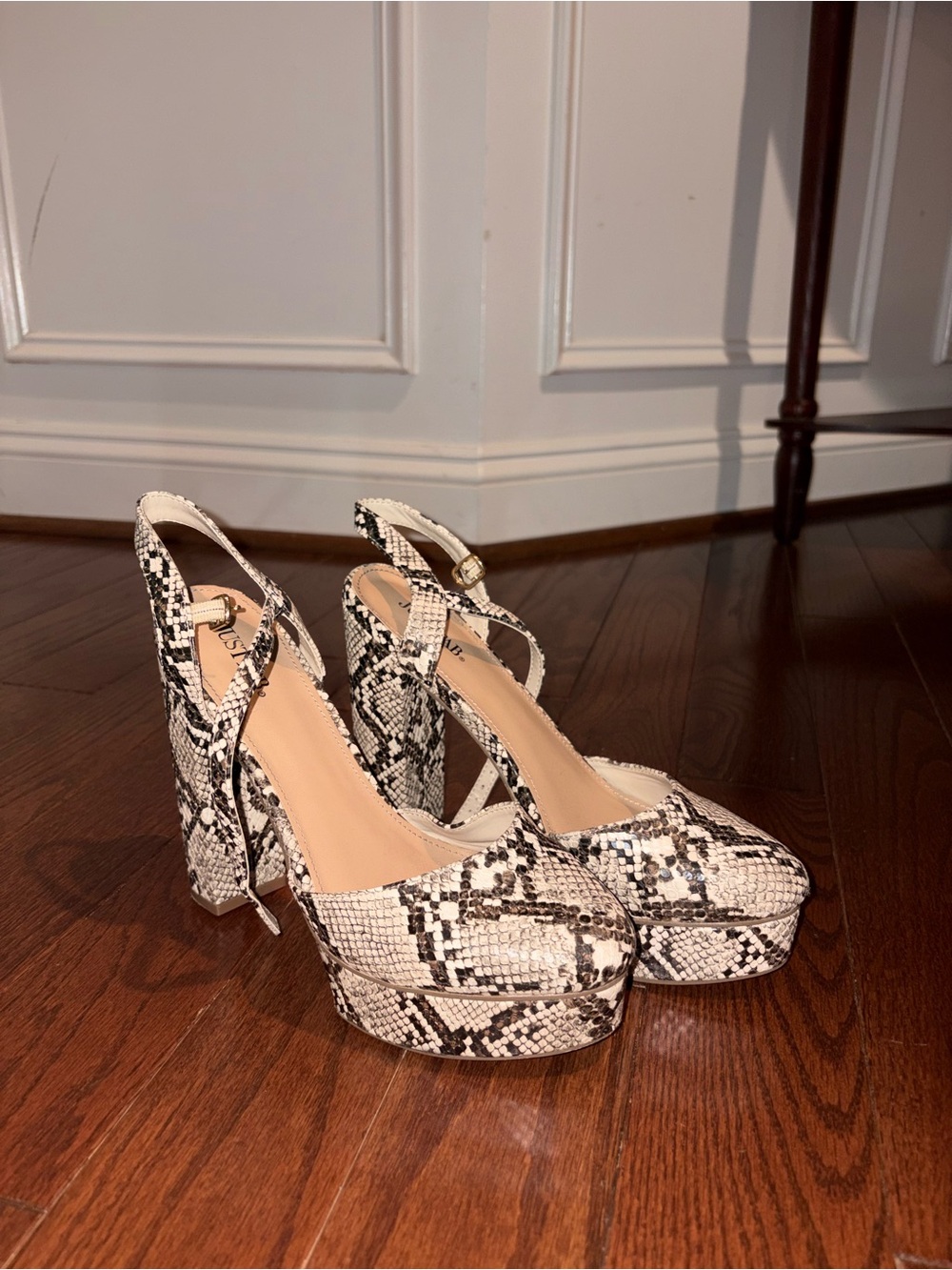 Women's Snake-Print Platform Slingback Heels in Black & White